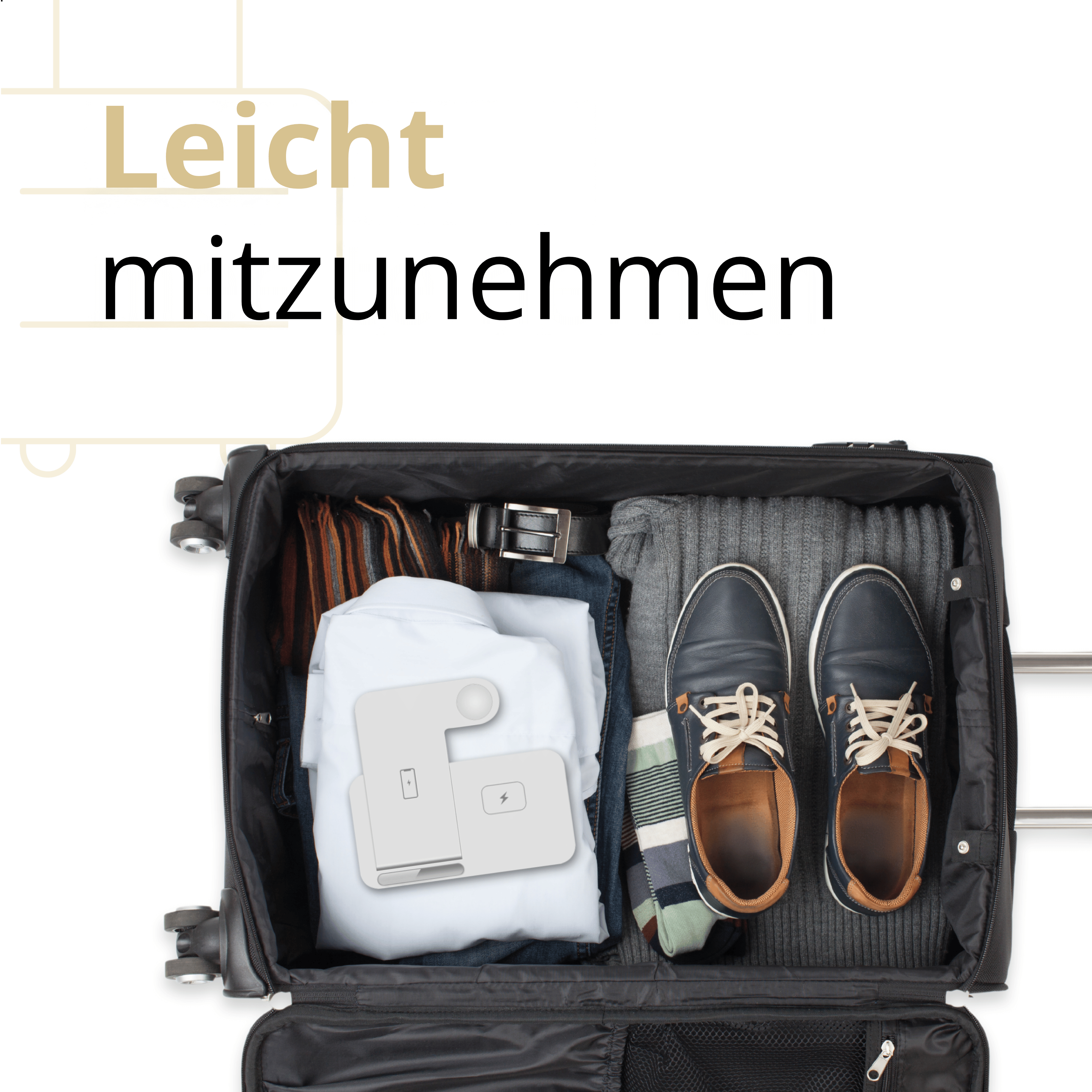 Ein geöffneter Koffer, gefüllt mit Kleidung, Schuhen und Accessoires. Text: 'Leicht mitzunehmen'.