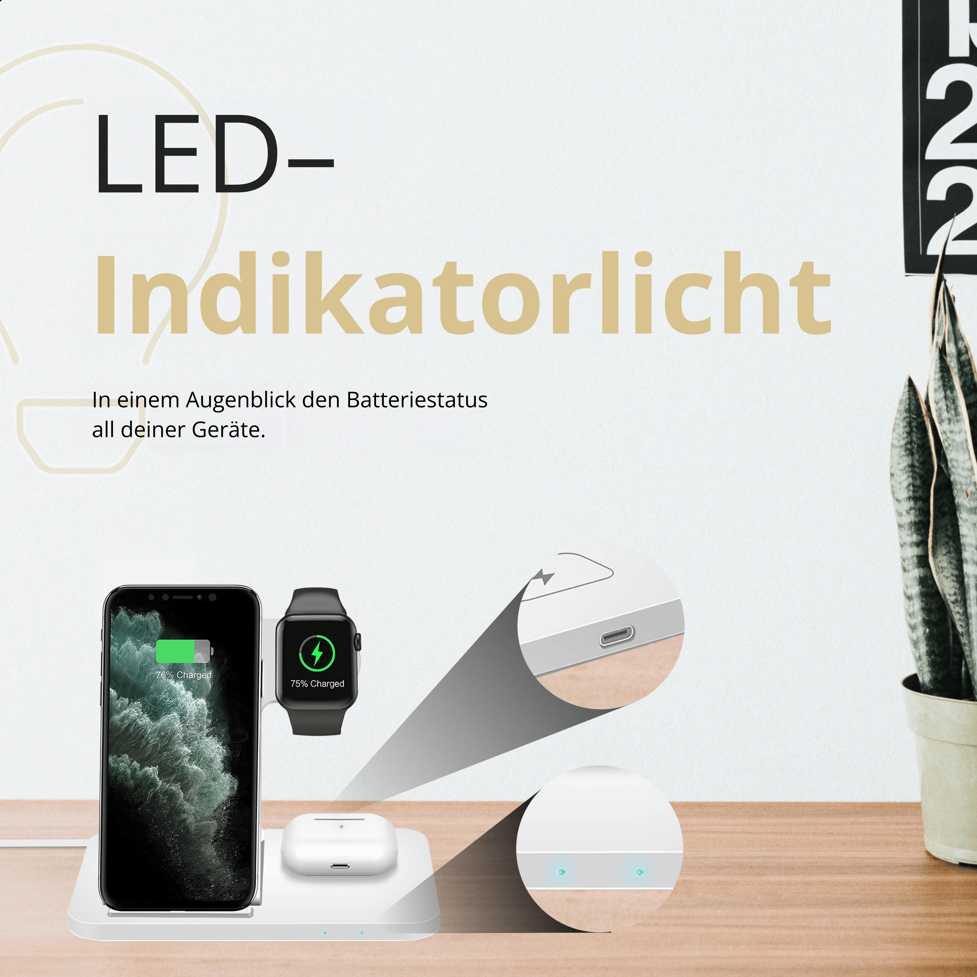 Eine weiße Ladestation mit Telefon, Uhr und Ohrhörern. Text: 'LED-Indikatorlicht'. Zeigt Ladestatus.