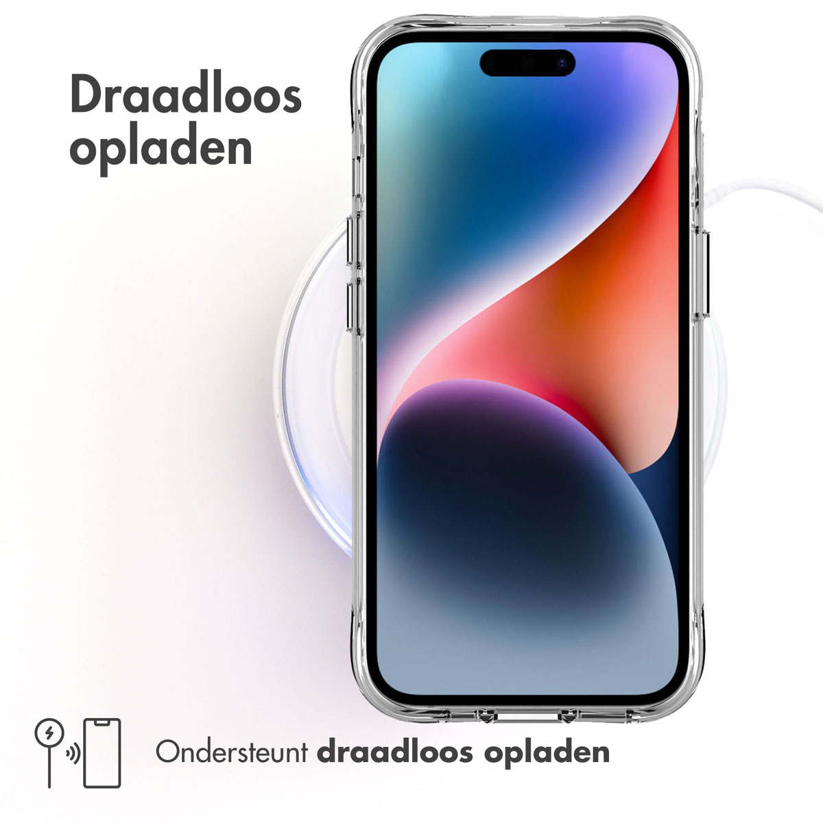 Coque de téléphone transparente sur un téléphone se chargeant sans fil. Le texte indique 'Chargement sans fil'.