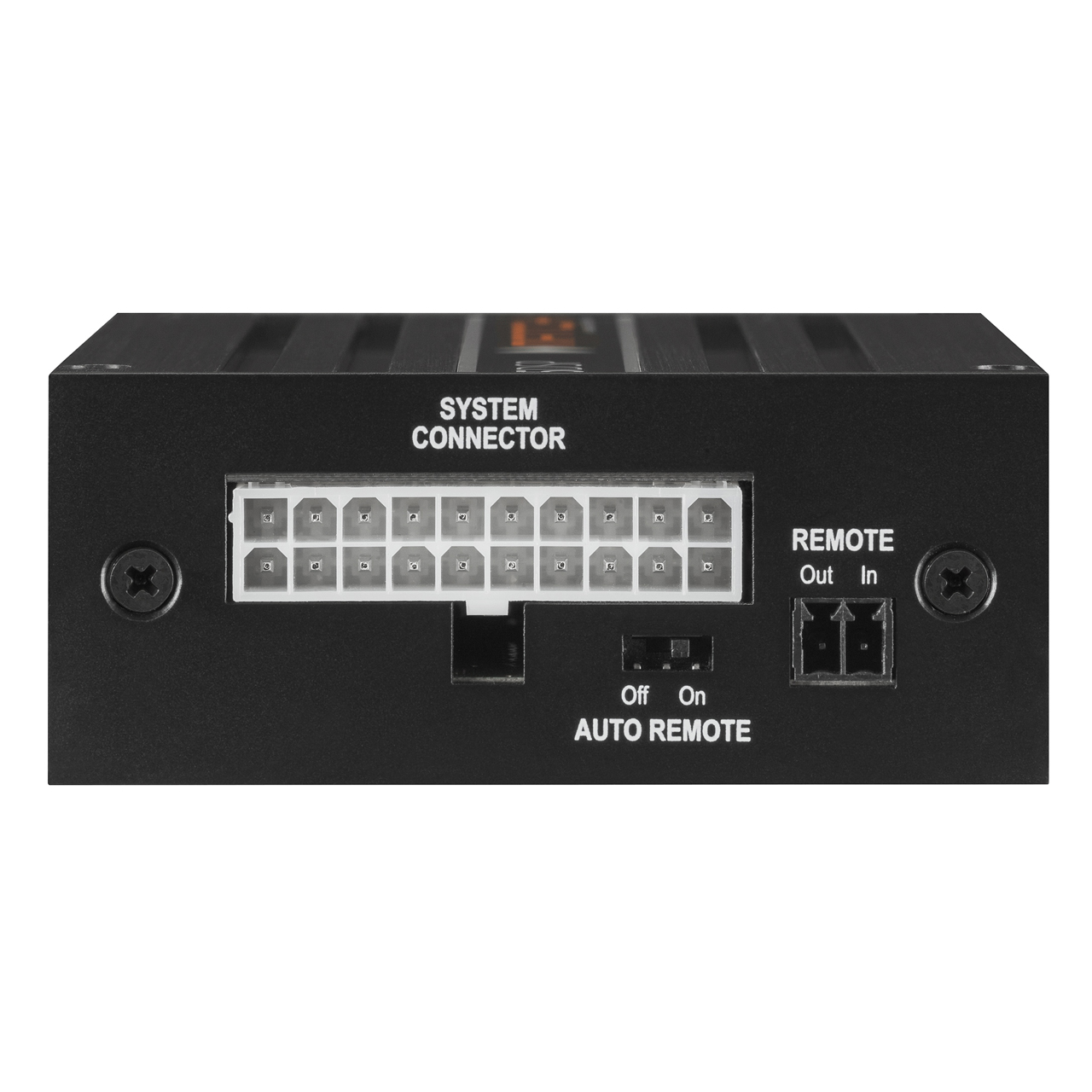 Schwarze elektronische Komponente mit Anschlüssen, beschriftet mit 'System Connector', 'Remote' und 'Auto Remote'.