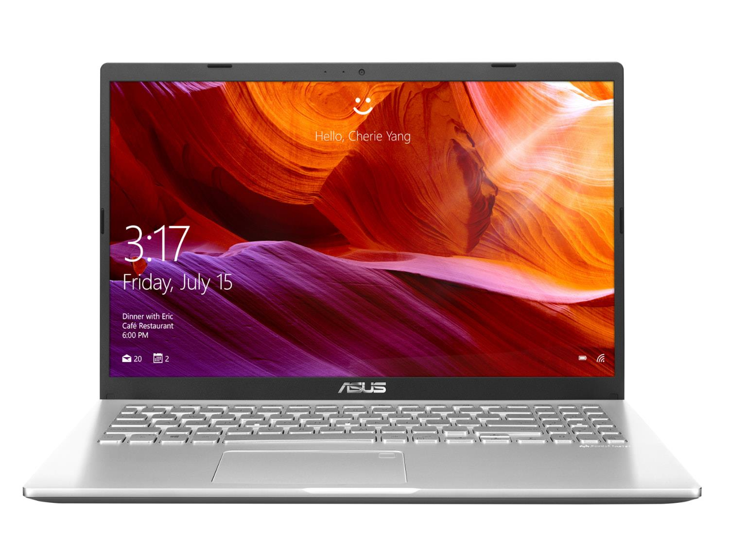 Silberner ASUS-Laptop auf weißer Oberfläche, Bildschirm zeigt bunten Hintergrund, Datum und Uhrzeit.