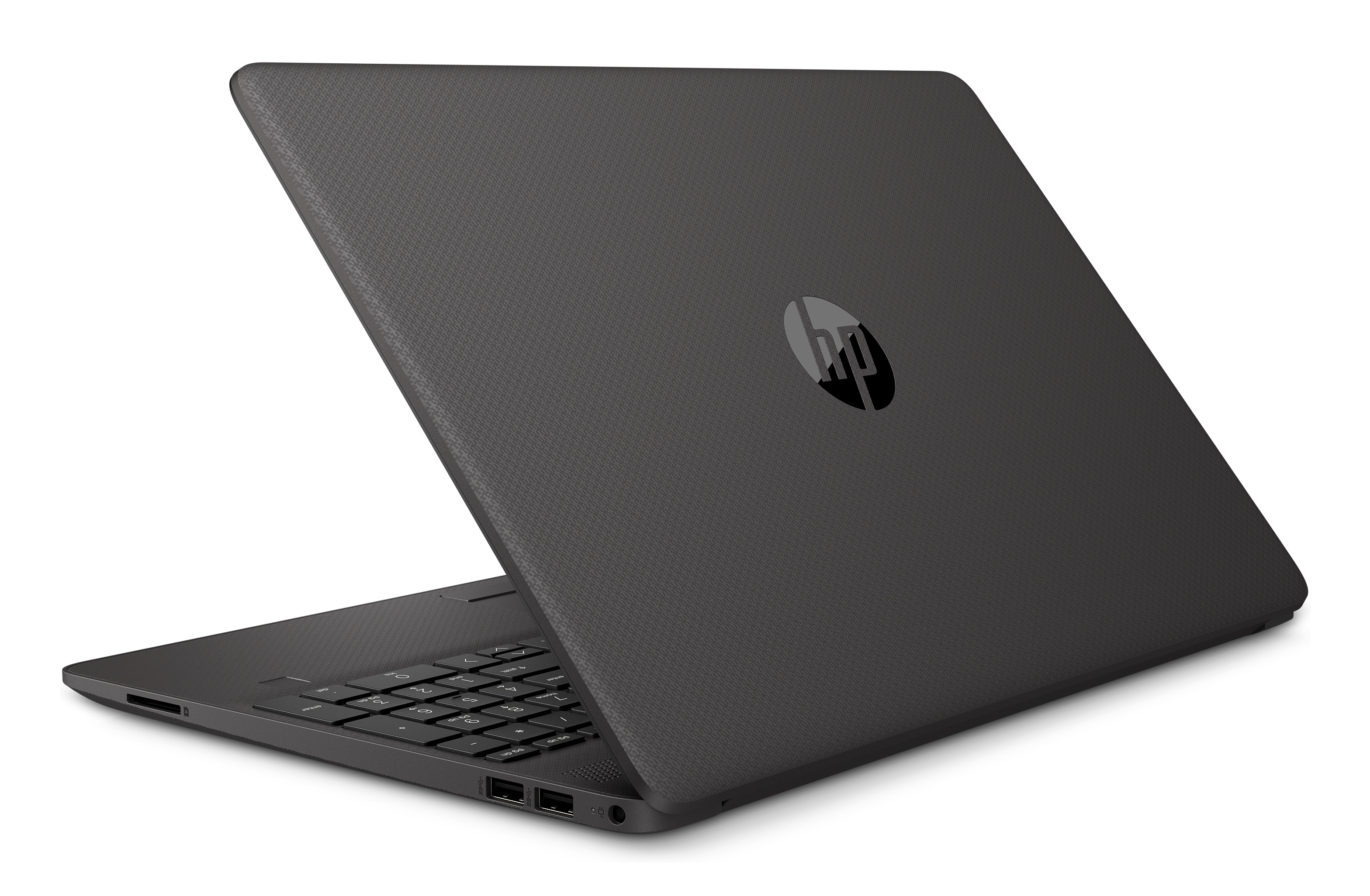 Widok z tyłu zamkniętego ciemnoszarego laptopa z logo HP pośrodku.