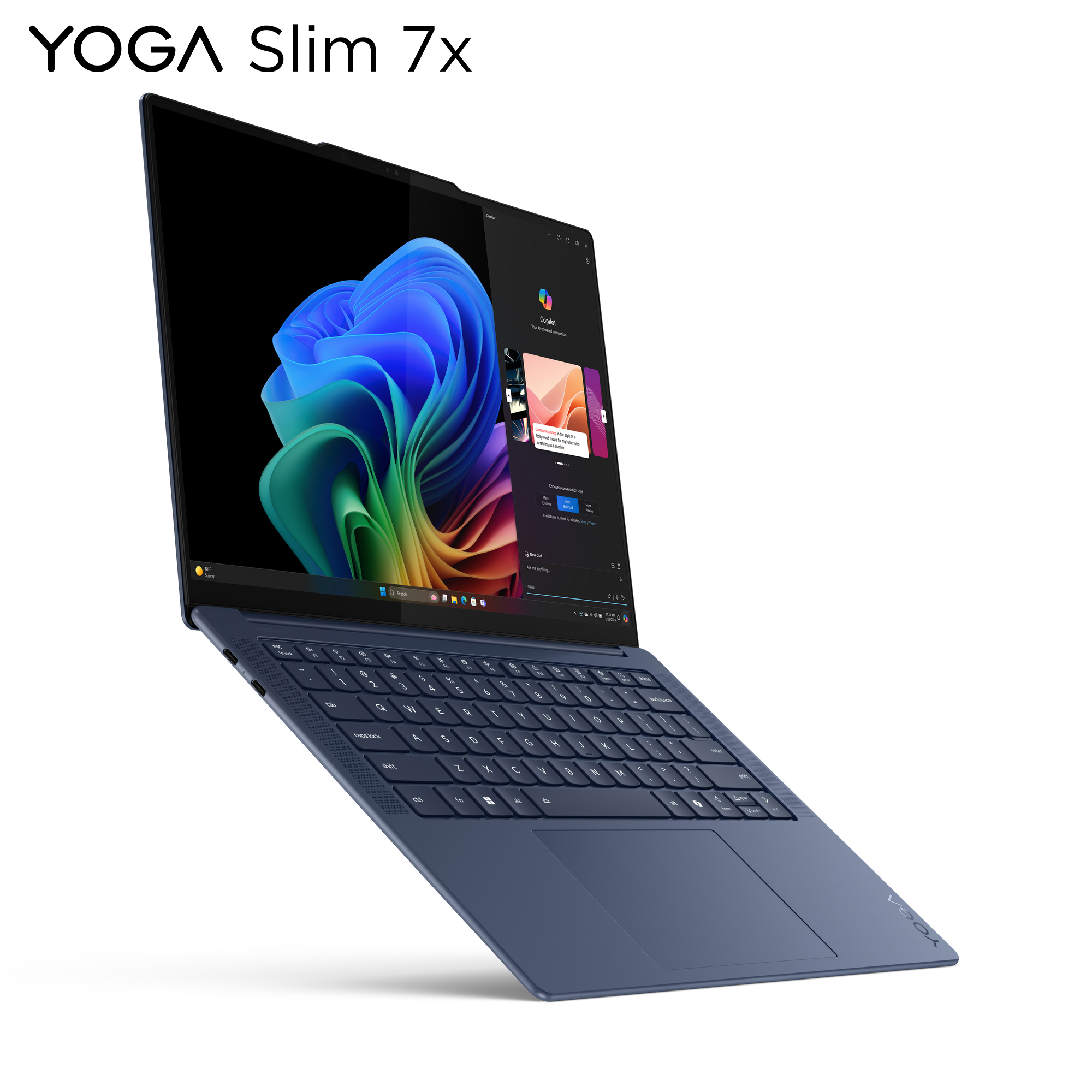 Laptop blu, schermo mostra un'immagine colorata. Il laptop è angolato, su sfondo bianco.