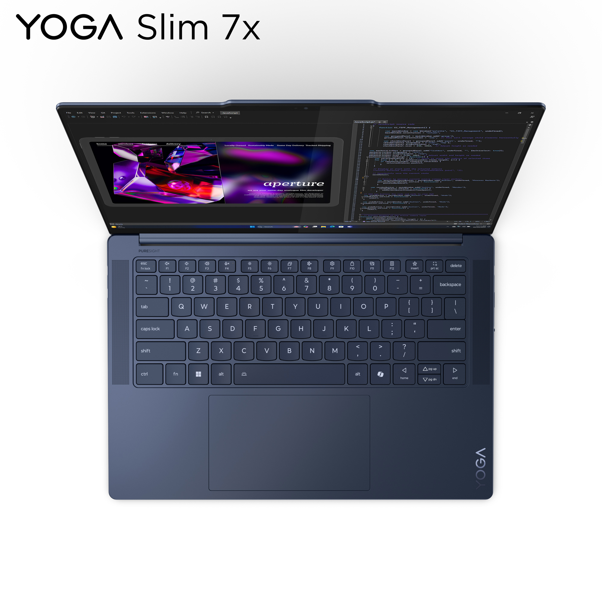 Laptop blu con tastiera aperta, che mostra codice. Lo schermo mostra la parola 'aperture'.