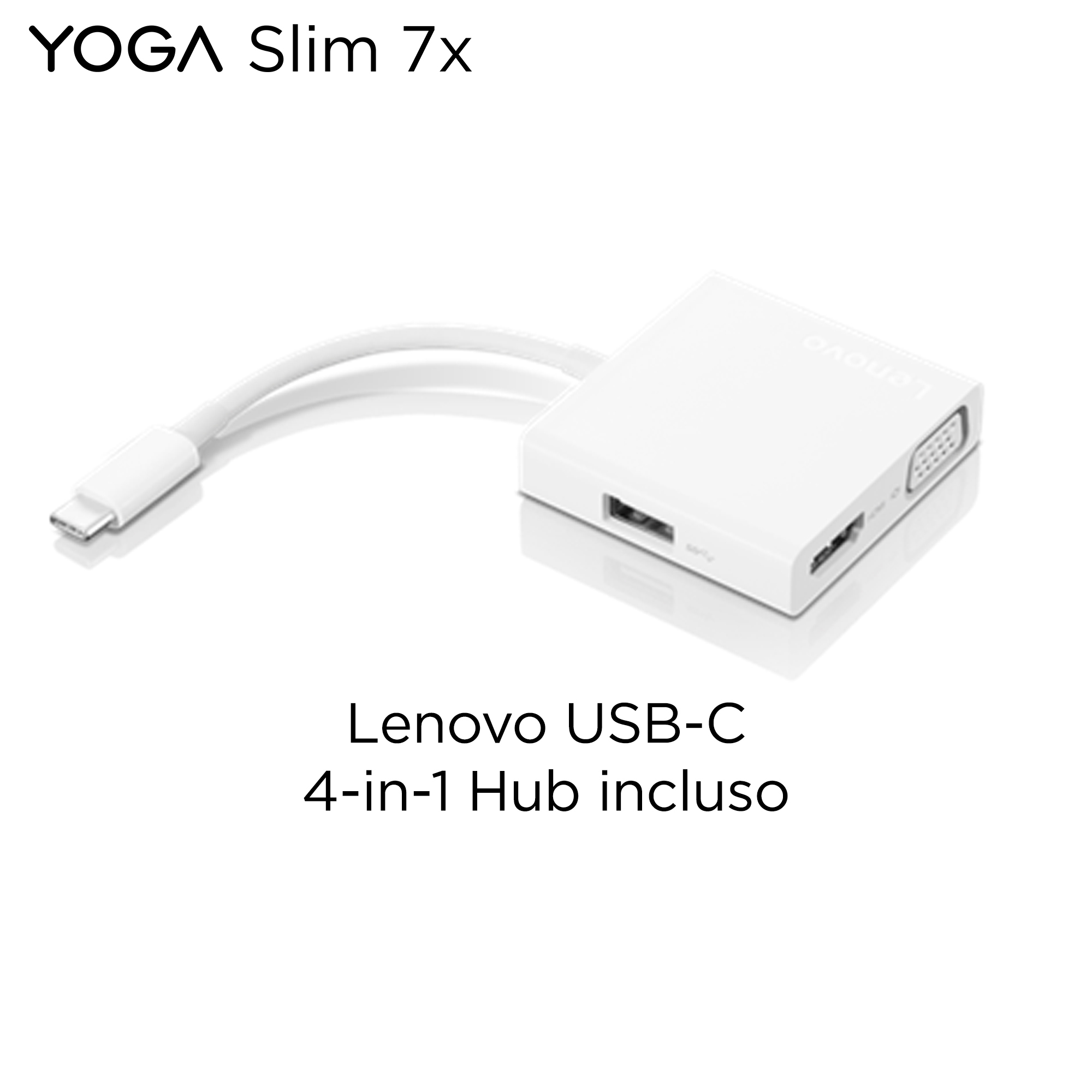 Hub Lenovo USB-C bianco con cavi. Testo: Lenovo USB-C 4-in-1 Hub incluso. Sfondo bianco.