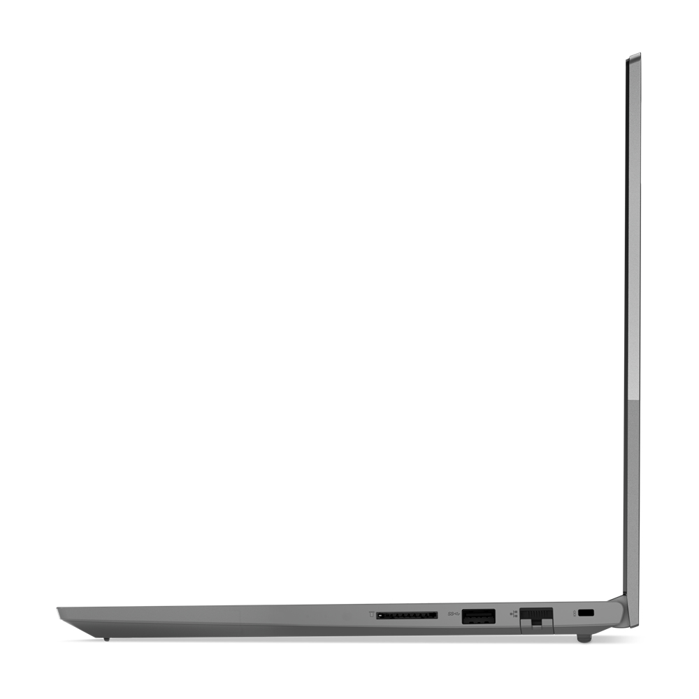 Vista laterale di un laptop grigio su sfondo bianco.