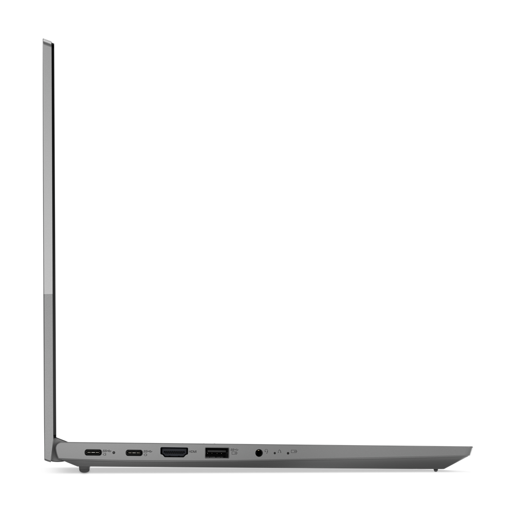 Vista laterale di un laptop grigio che mostra le porte e uno schermo chiuso.
