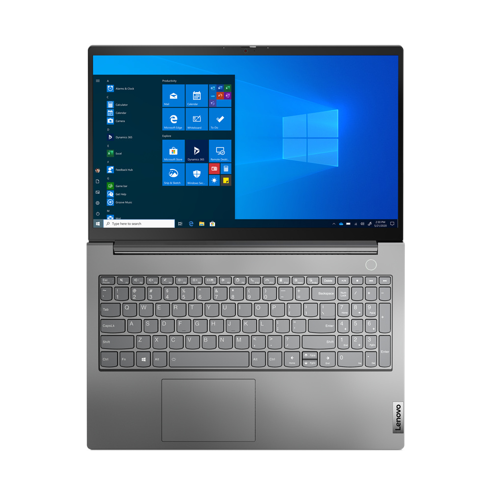 Vista dall'alto di un laptop grigio aperto, che mostra l'interfaccia di Windows 10.