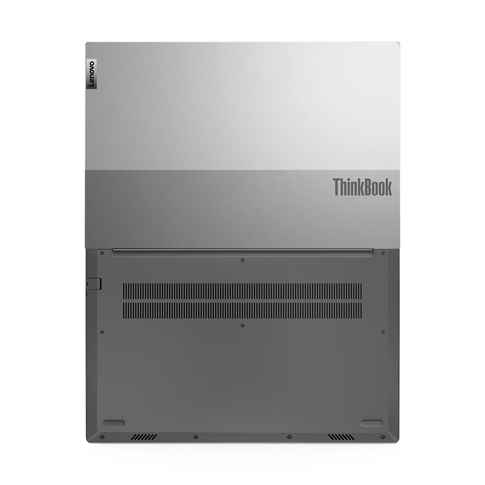 Vista inferiore del laptop, grigio e grigio scuro con logo Lenovo ThinkBook.