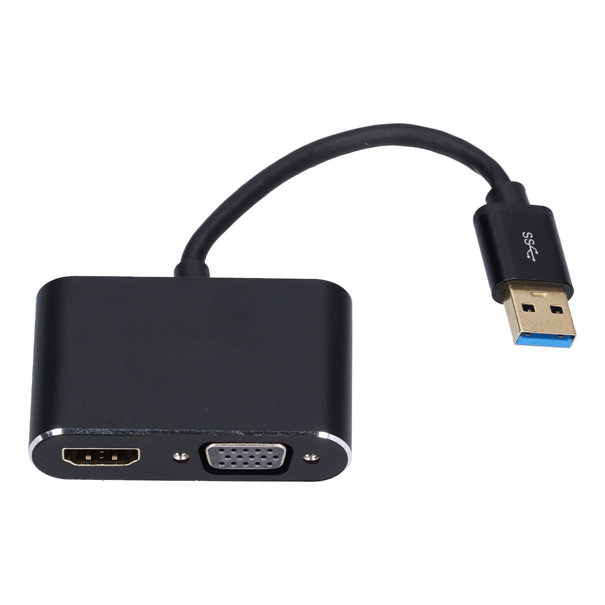 Schwarzer Adapter mit HDMI- und VGA-Anschlüssen, USB-Kabel.