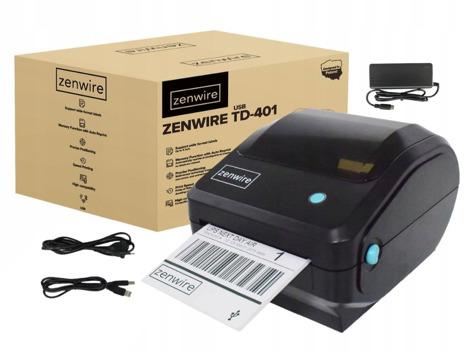 Schwarzer Drucker mit Etikett. Braune Schachtel mit der Aufschrift zenwire, Netzteil.