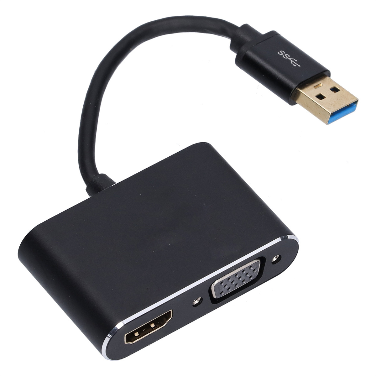 Schwarzer USB-zu-HDMI-Adapter. Er hat einen USB-, HDMI- und VGA-Anschluss.