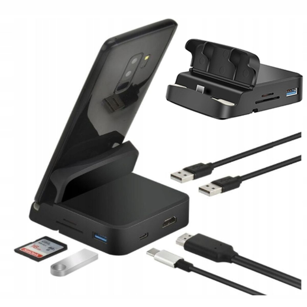 Czarny uchwyt na telefon z kartą SD, USB i złączami HDMI.