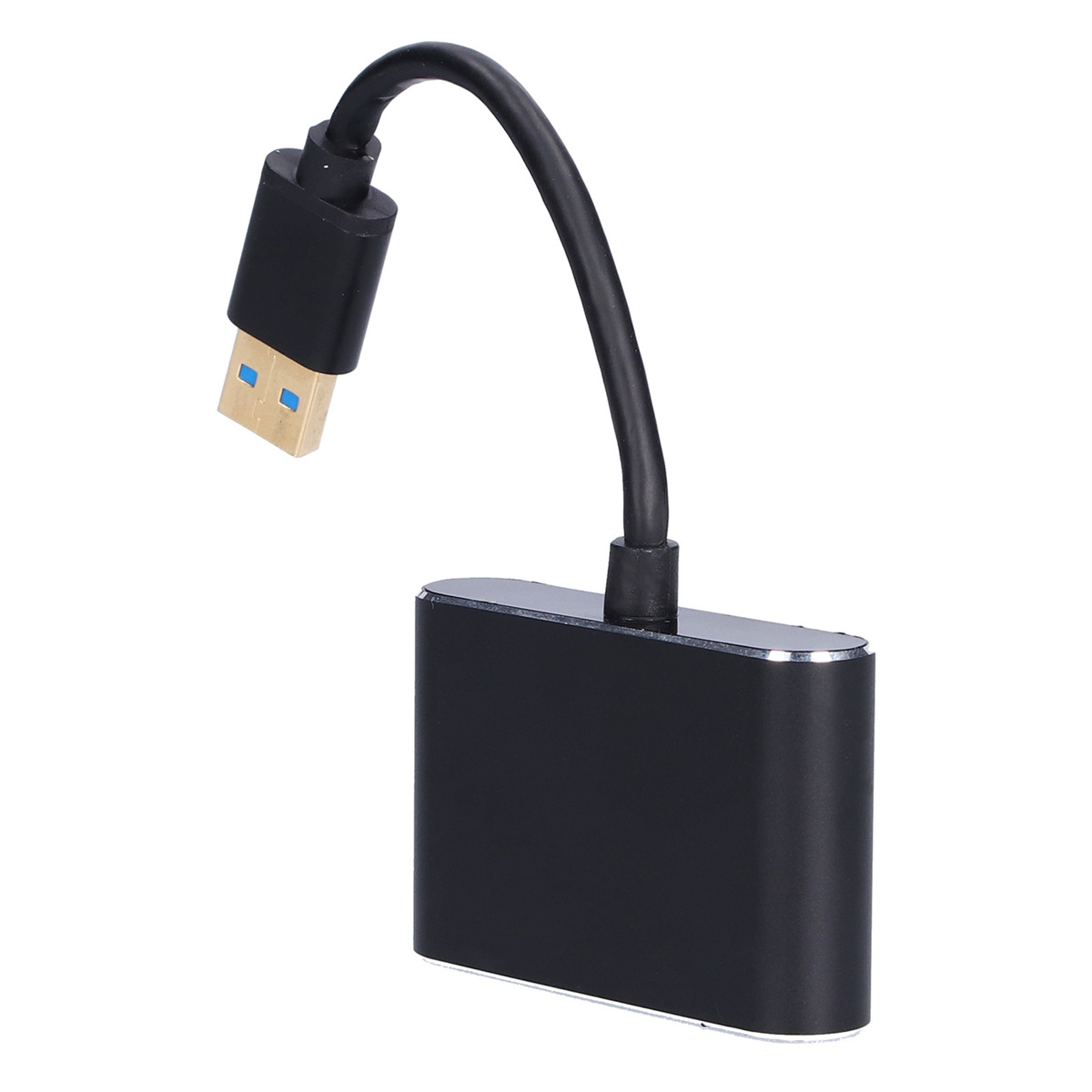 Schwarzer USB-zu-HDMI-Adapter. Er hat einen USB-Anschluss, ein schwarzes Kabel und einen schwarzen Adapterteil.