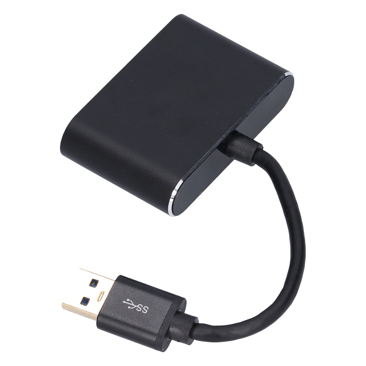 Ein schwarzer USB-Adapter mit einem schwarzen Kabel und einem USB-Anschluss. Der Anschluss hat ein 'SS'-Symbol.