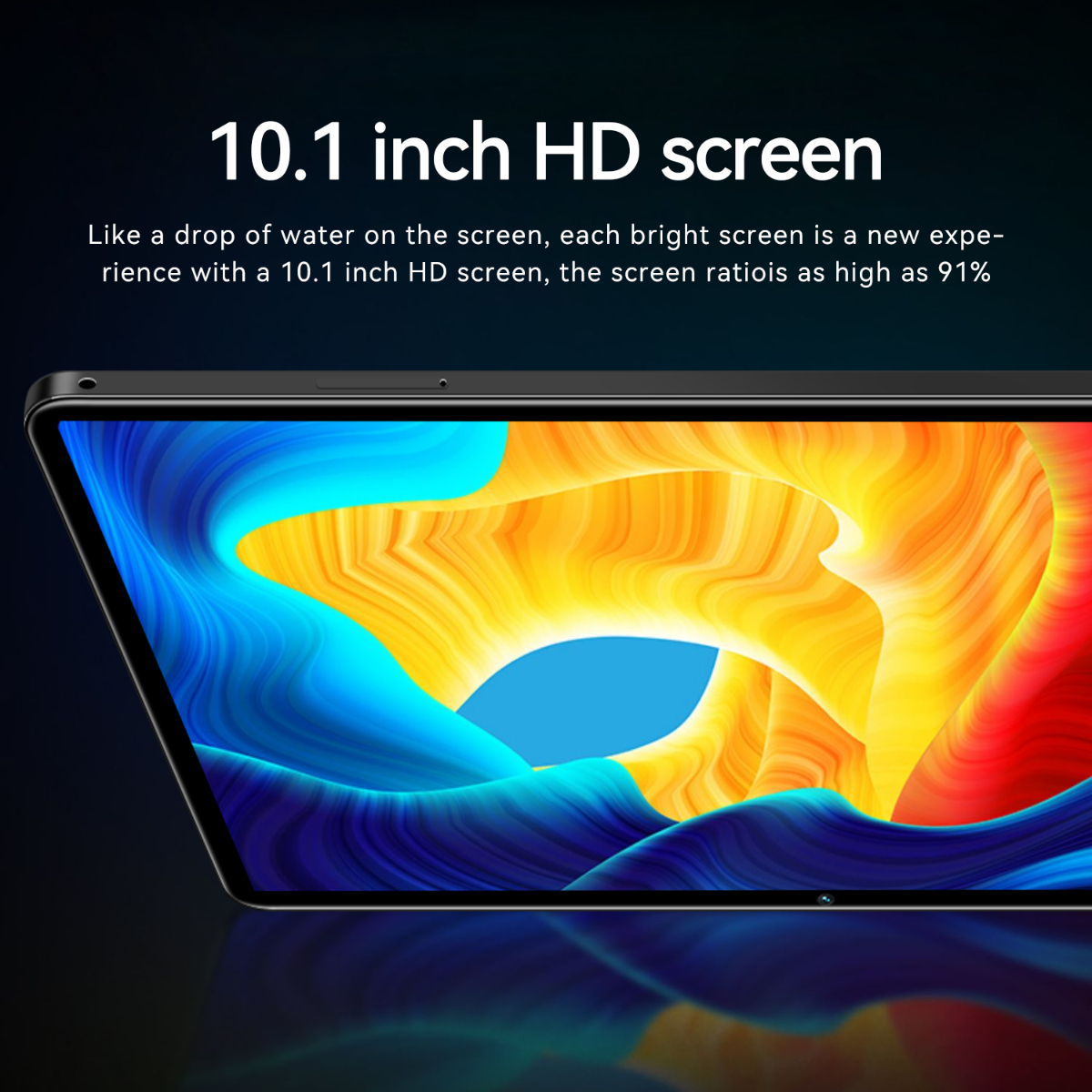 Nahaufnahme des Tablet-Bildschirms. Bunter abstrakter Hintergrund mit Text zur Bildschirmqualität.