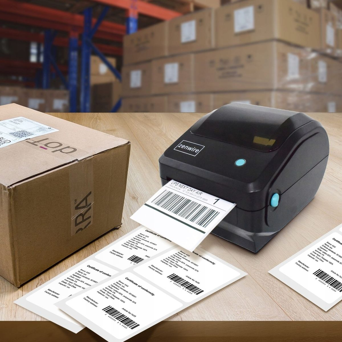 Ein Etikettendrucker druckt ein Barcode-Etikett. Kartons im Hintergrund, einige Etiketten sichtbar.