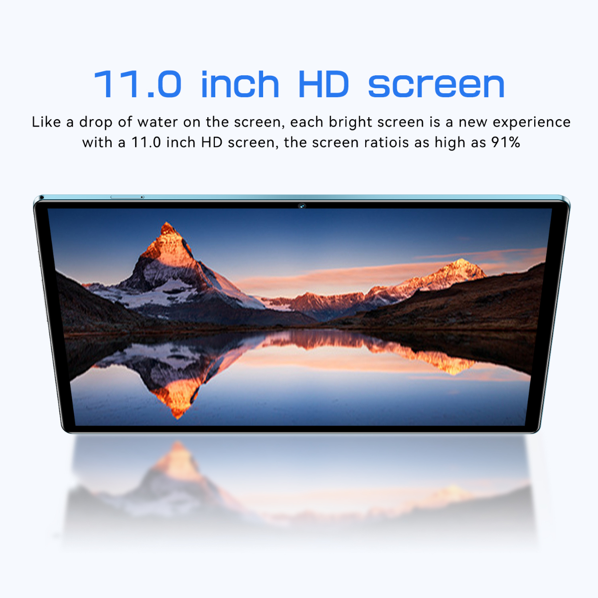 Tablet mit einem Bergsee-Bild auf dem Bildschirm. Text: 11,0 Zoll HD-Bildschirm, Bildschirmverhältnis 91 %.