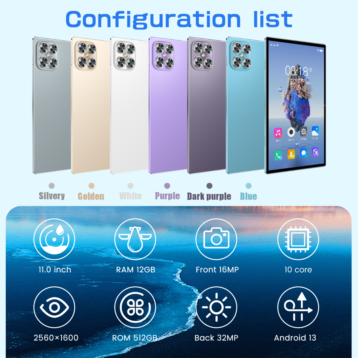 Konfigurationsliste von Telefonen. Telefone sind silber, gold, weiß, lila, dunkelviolett, blau.