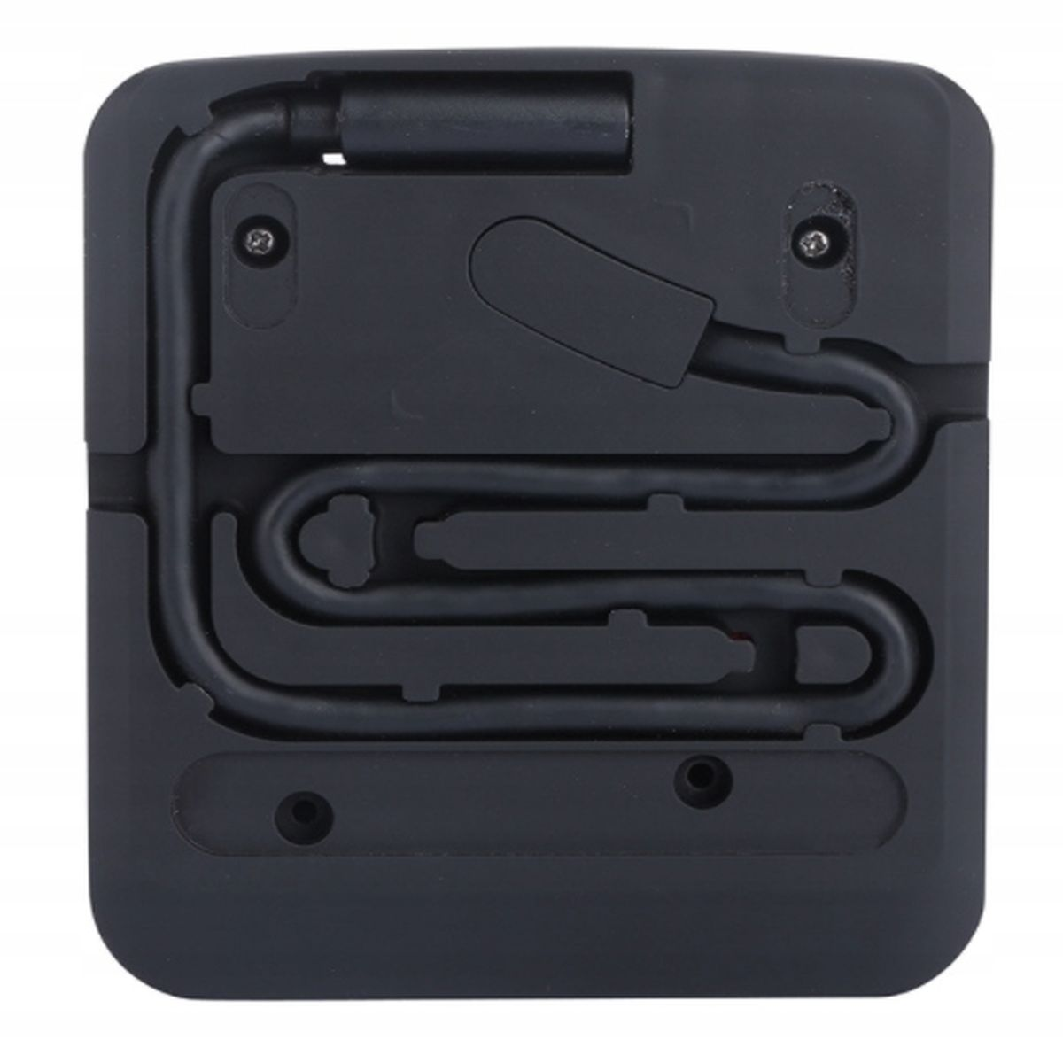 Czarny element elektroniczny z zakrzywionymi kanałami i otworami na śruby.