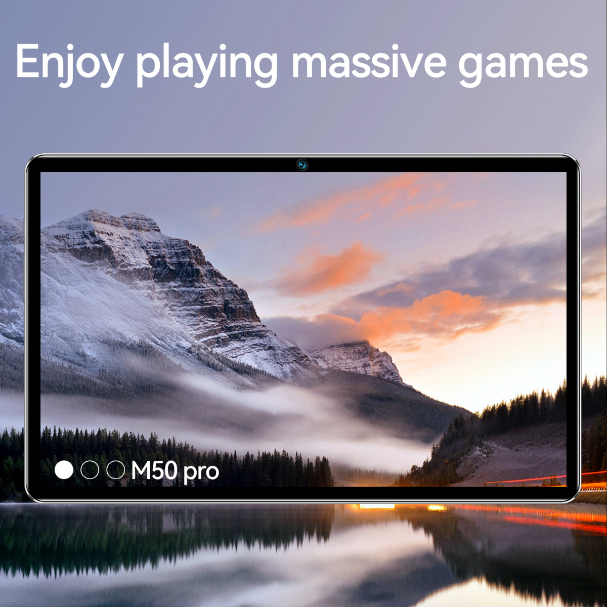 Tablet zeigt eine Berglandschaft. Es hat eine Frontkamera mit dem Text 'M50 pro' am unteren Rand.