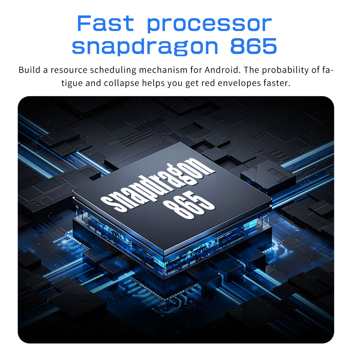 Nahaufnahme eines Smartphone-Prozessors. Es ist ein dunkelblaues Quadrat mit den Worten 'snapdragon 865'.