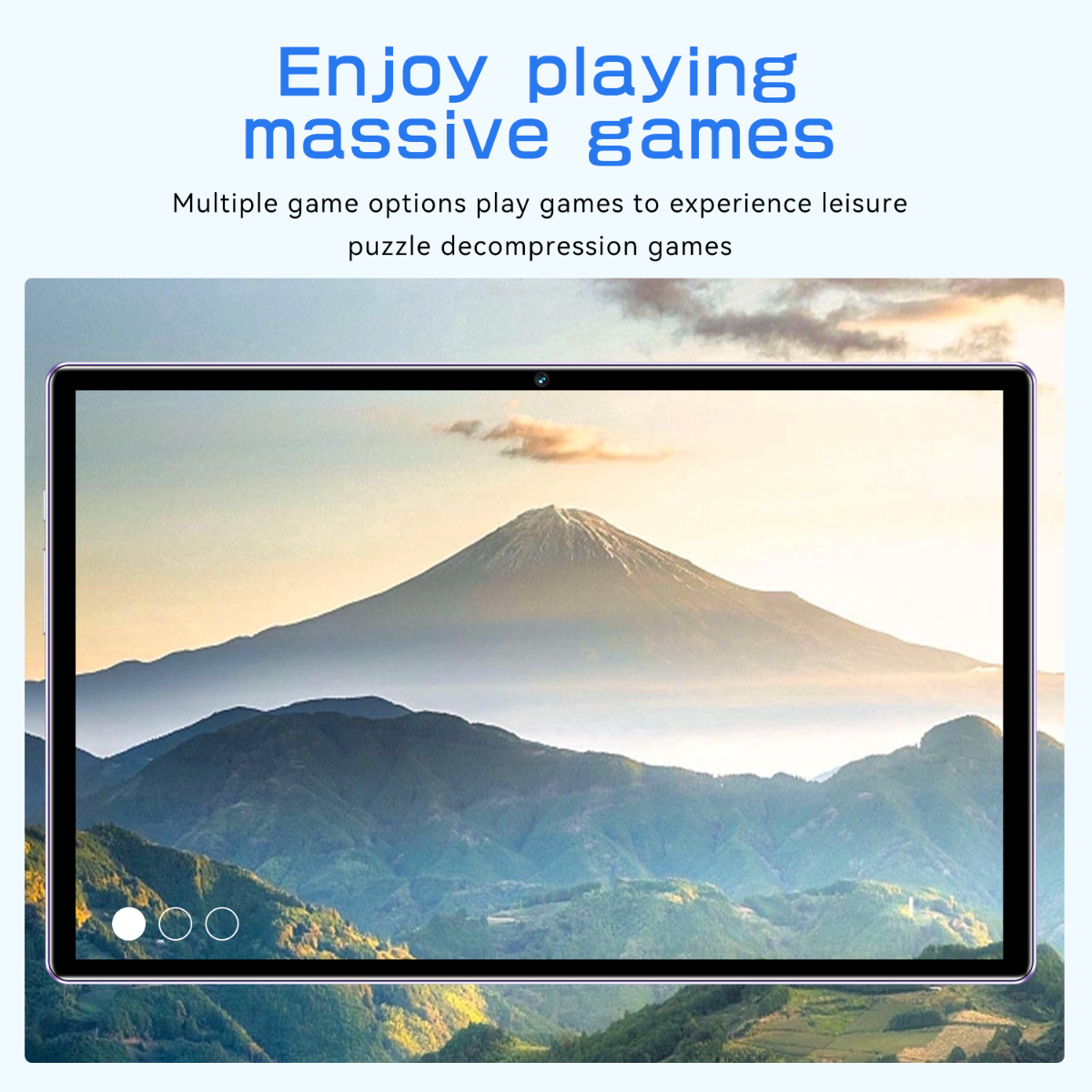 Ein Tablet, das eine Landschaftsszene mit Bergen anzeigt, mit dem Text 'Enjoy playing massive games'.