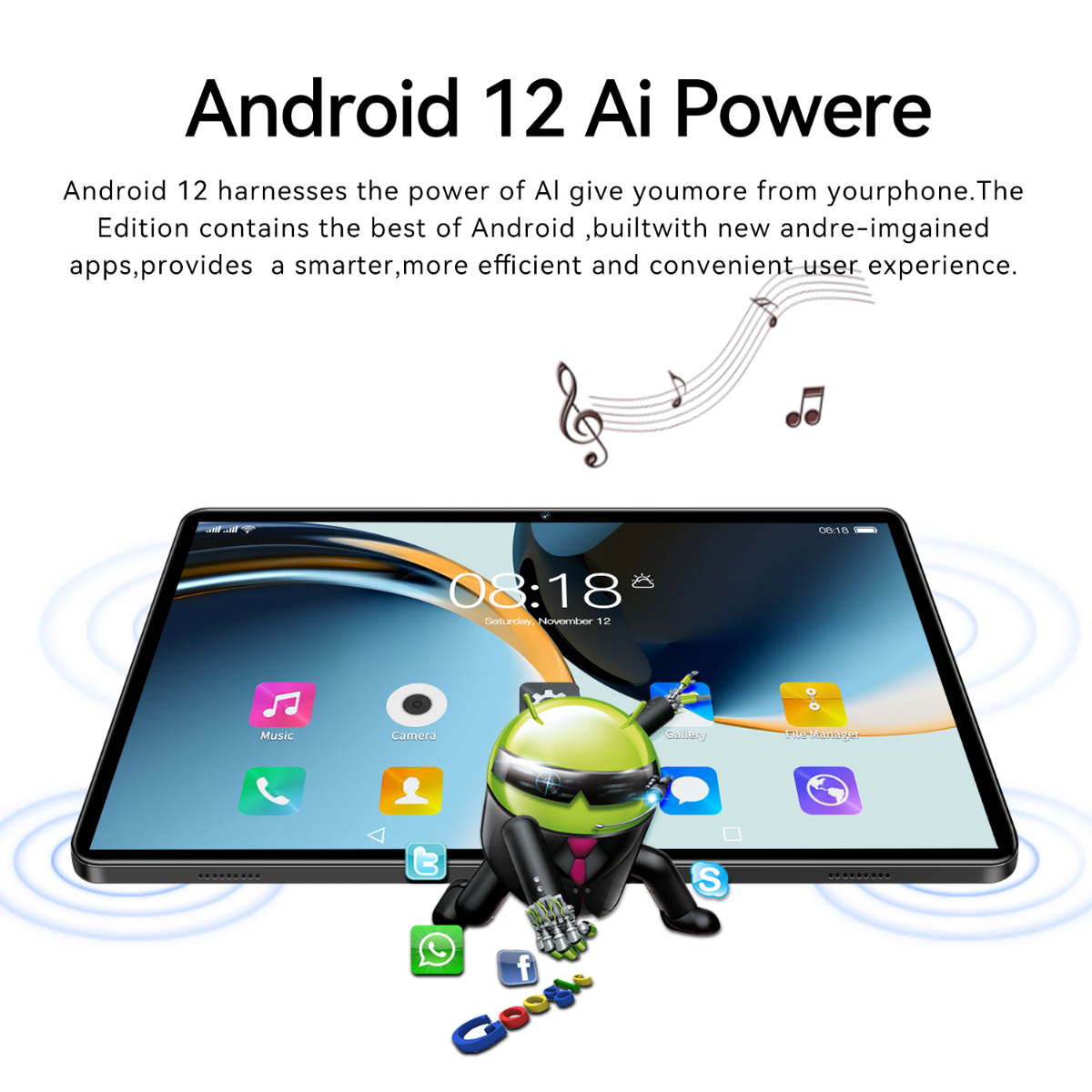 Tablet mit Android-Oberfläche und Cartoonfigur. Text: „Android 12 Ai Powere“.