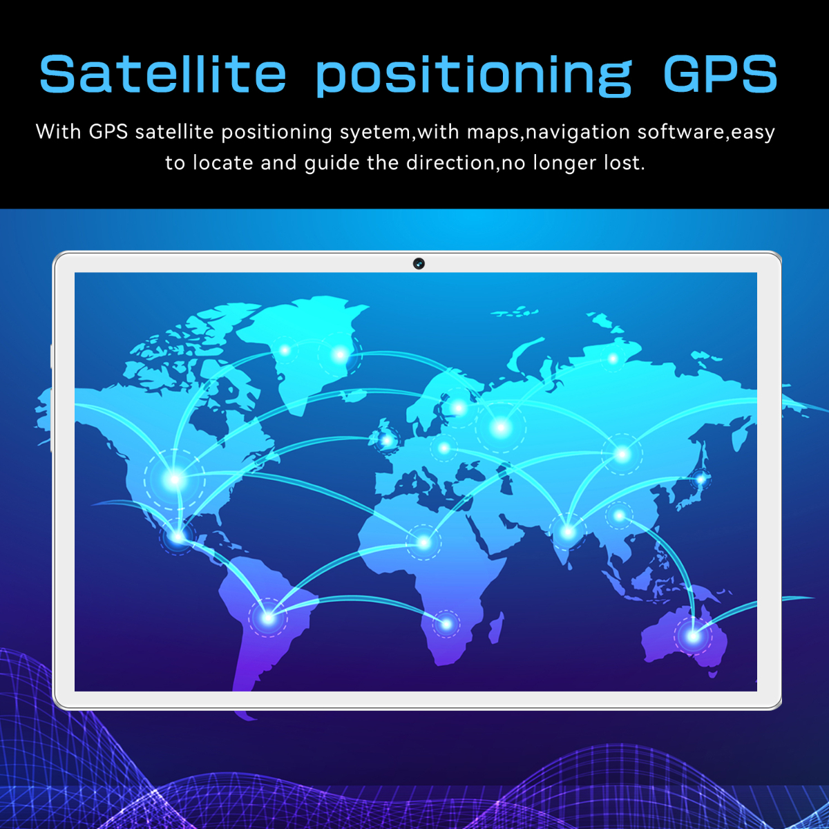Tablet zeigt Weltkarte mit Satellitenortungslinien. Text oben und unten.