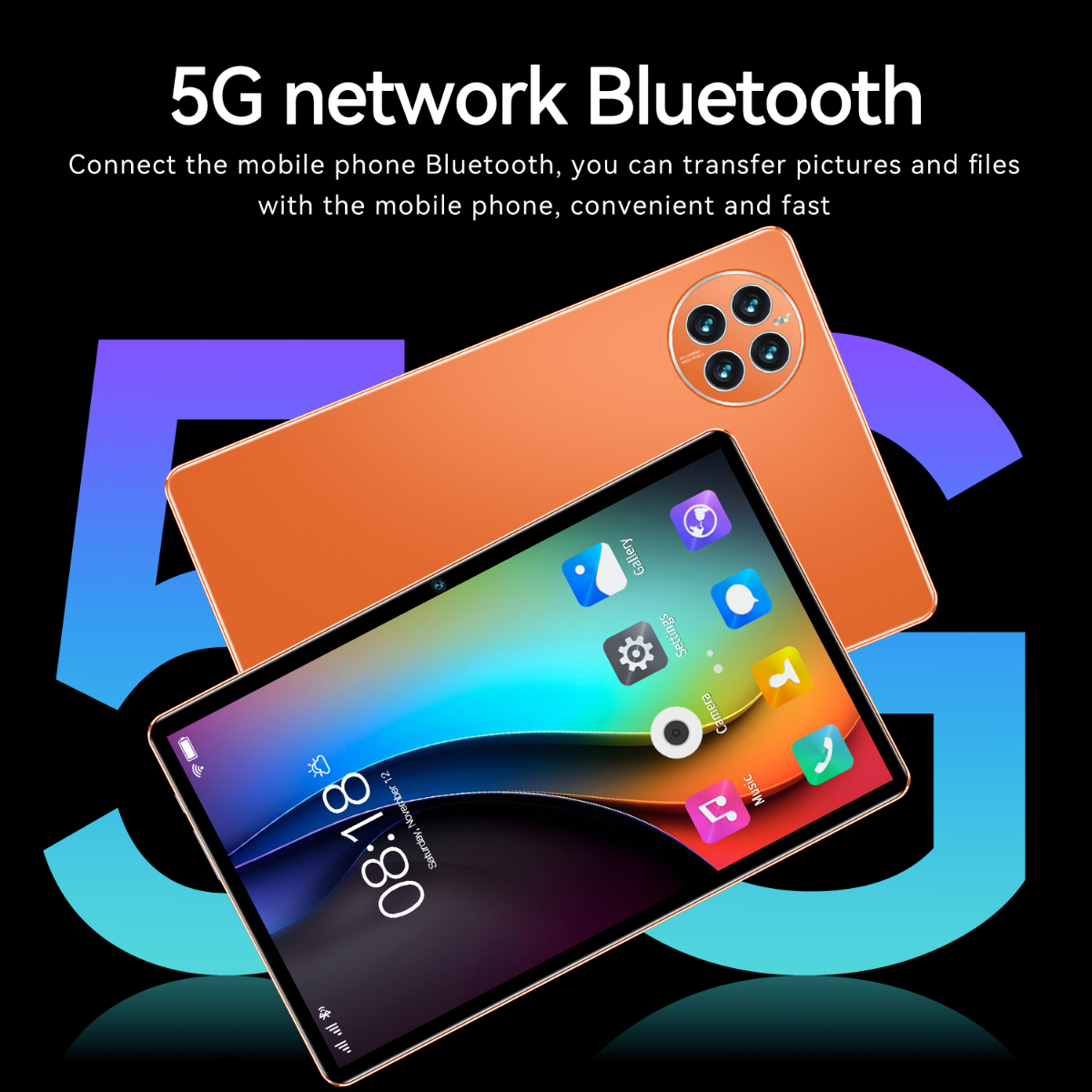 Orangefarbenes Tablet und Telefon mit 5G-Netzwerk und Bluetooth-Konnektivität auf dunklem Hintergrund.
