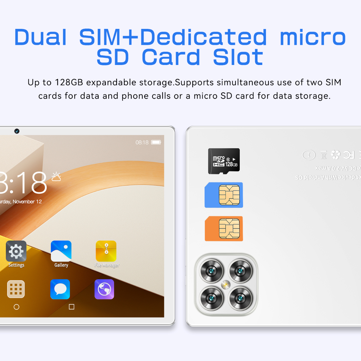 Tablet und SIM-Karten. Tablet zeigt Zeit und App-Symbole. Hintergrund: SIM-Karten und Tablet-Rückseite.