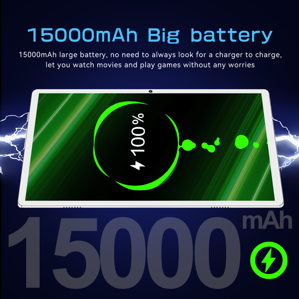 Tablet-Bildschirm zeigt Akku bei 100% mit Blitzen.