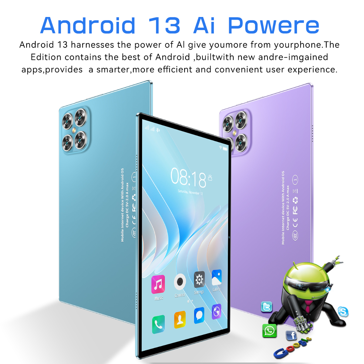 Drei Telefone, blau und lila, mit Text über Android 13 und KI. Unten ein grüner Roboter.