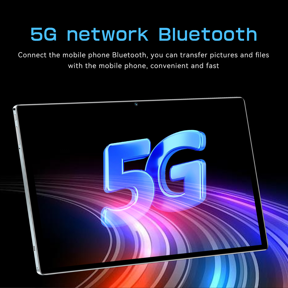 Tablet-Bildschirm mit 5G- und Bluetooth-Text. Der Bildschirm zeigt Datenflüsse.