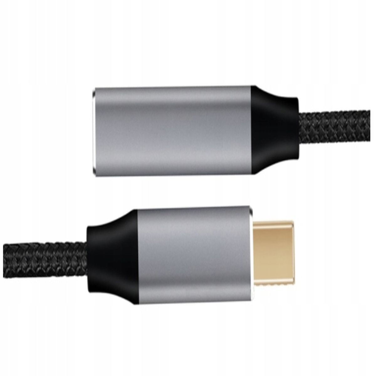 Dwa srebrne i czarne kable USB-C leżące obok siebie na białym tle.