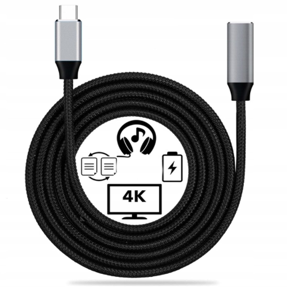 Czarny kabel audio ze srebrnymi złączami. Posiada ikony reprezentujące słuchawki, ładowarkę i wyświetlacz 4K.