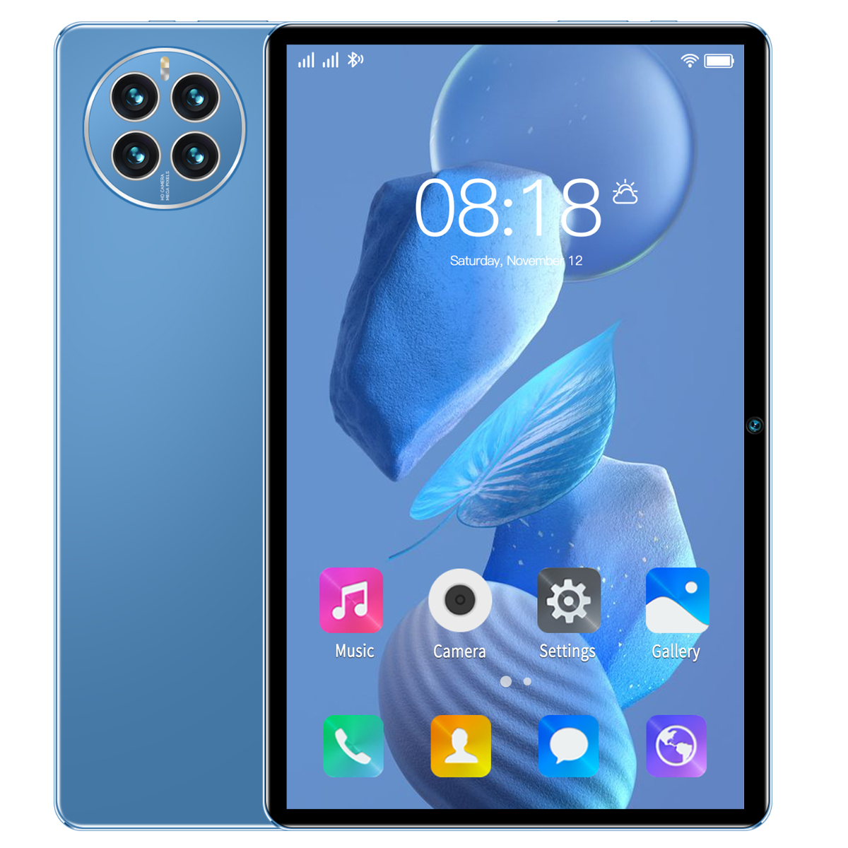 Blaues Tablet auf weißem Hintergrund, zeigt eine Benutzeroberfläche mit Symbolen.