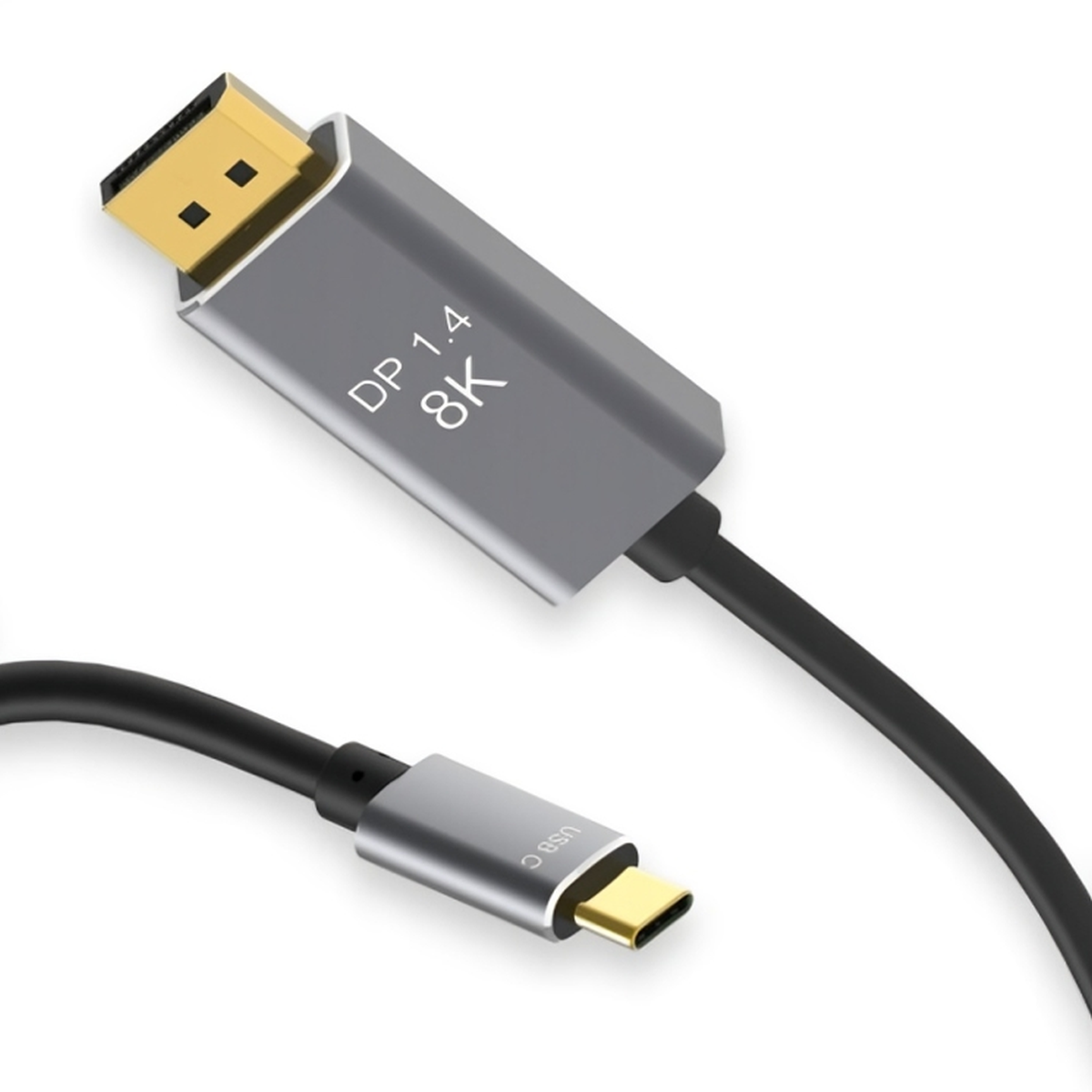 Czarny i srebrny kabel z wtyczką USB-C i DP 1.4 8K. Na białym tle.