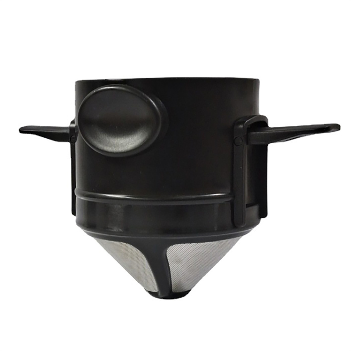 Schwarzer Kaffeefilter mit Metallgitter und faltbaren Armen. Isoliert auf weißem Hintergrund.