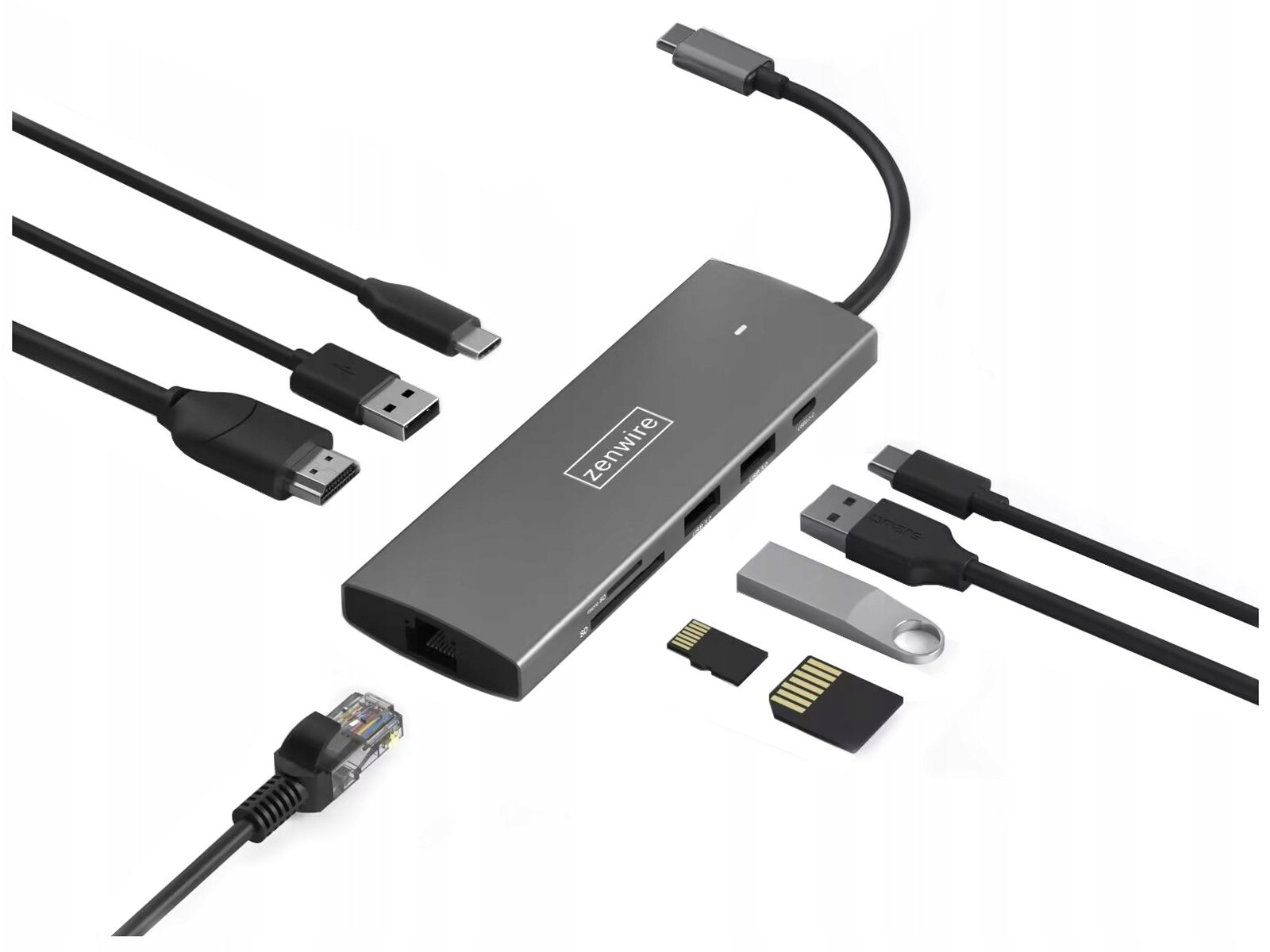 Ein grauer USB-Hub mit mehreren angeschlossenen Kabeln und Geräten: SD-Karten und USB-Laufwerke.