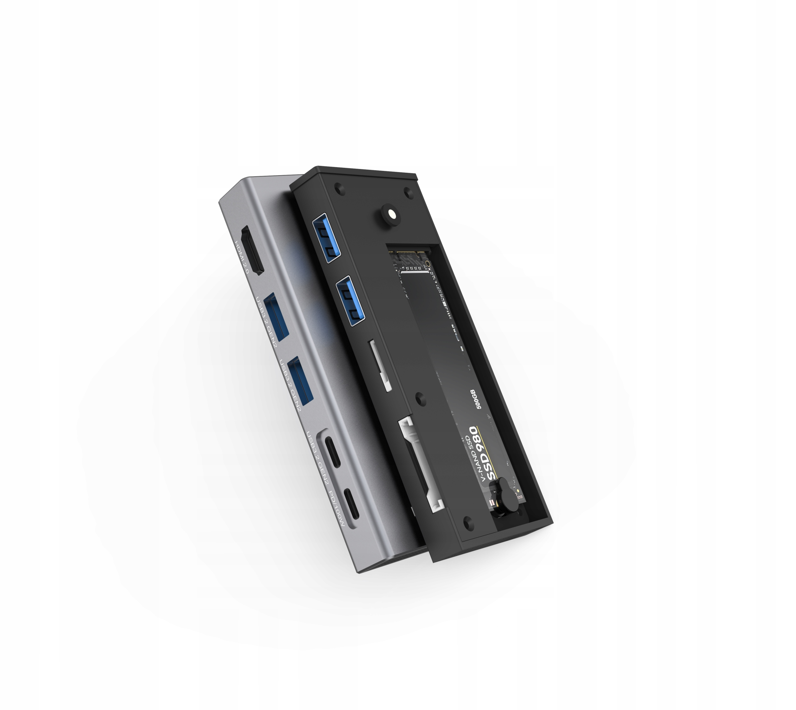 Dwa szare i czarne koncentratory komputerowe ułożone jeden na drugim. Mają porty i gniazda, z odsłoniętym gniazdem SSD w jednym.