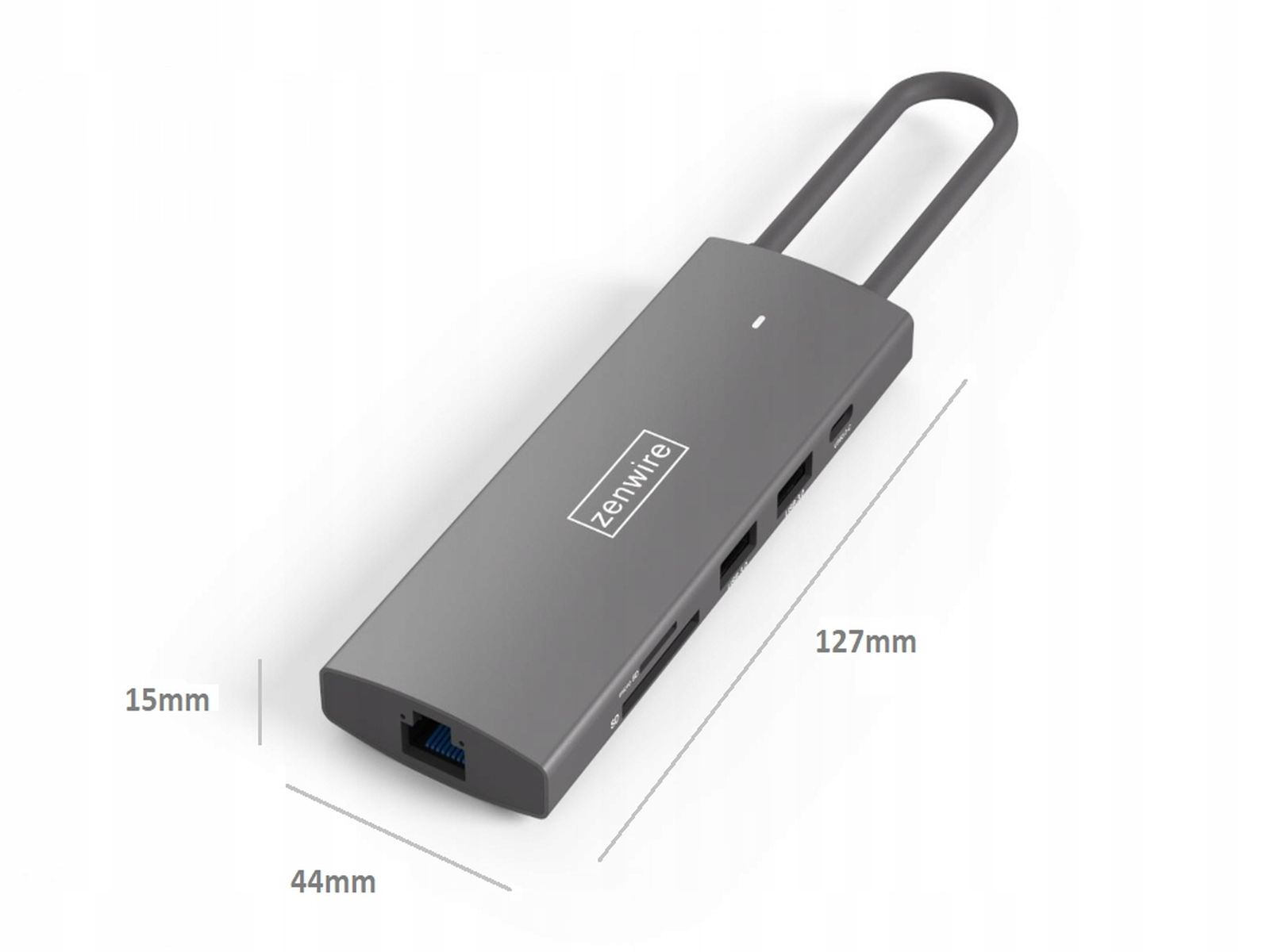 Grauer Zenwire USB-C-Hub mit verschiedenen Anschlüssen, einschließlich Ethernet, und einem Schlaufengriff.