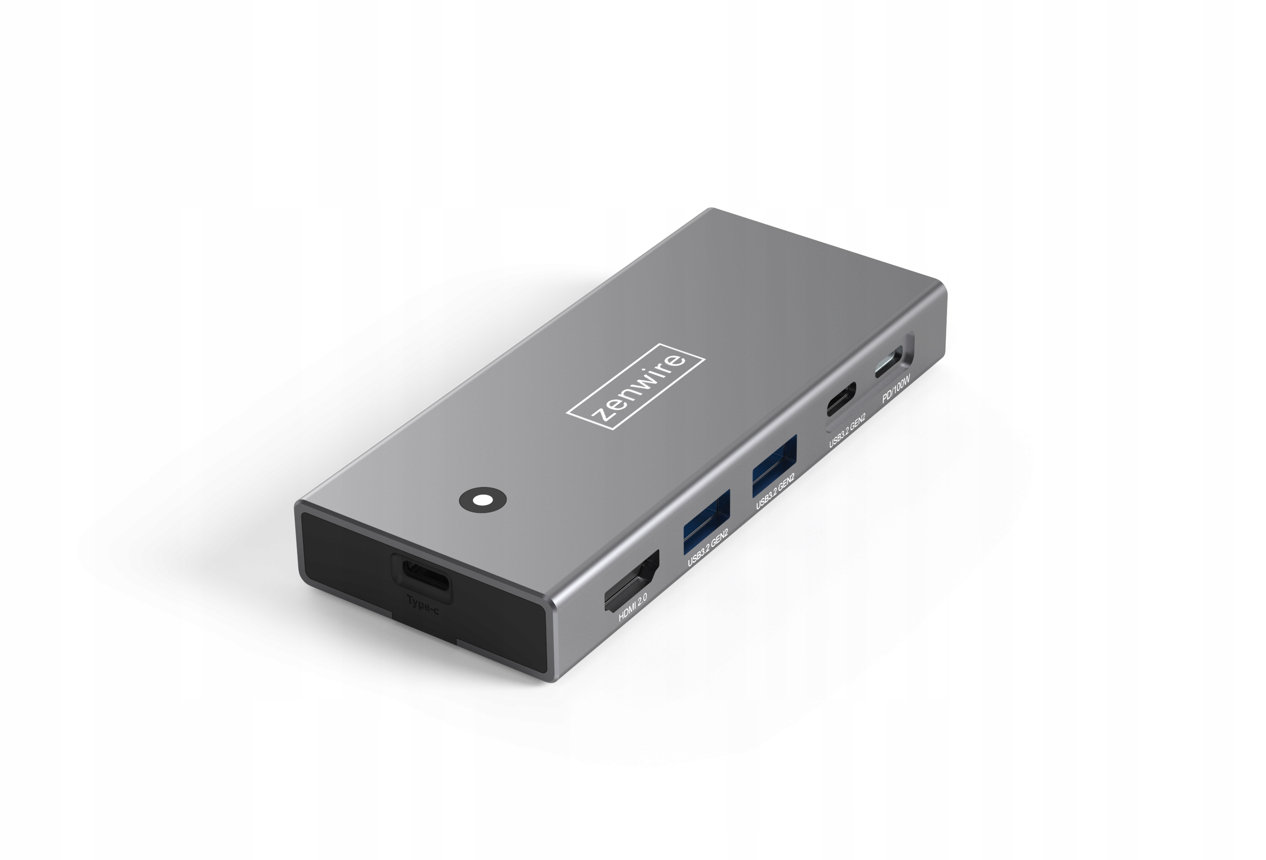 Srebrny hub USB-C Zenwire z wieloma portami: HDMI, USB i USB-C. Ma elegancki, prostokątny design.