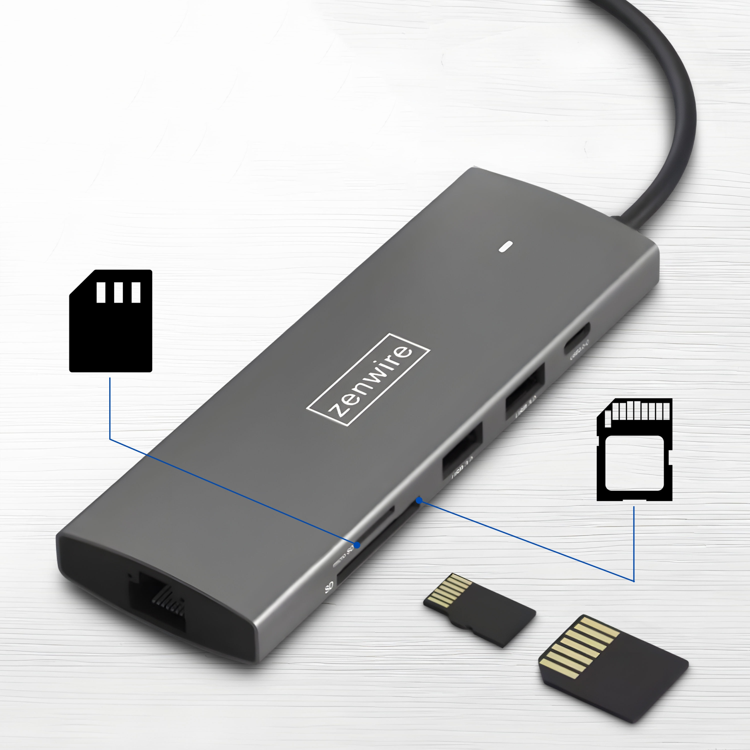Grauer USB-Hub mit mehreren Anschlüssen und SD-Karten-Symbolen, SD-Karten in der Nähe.