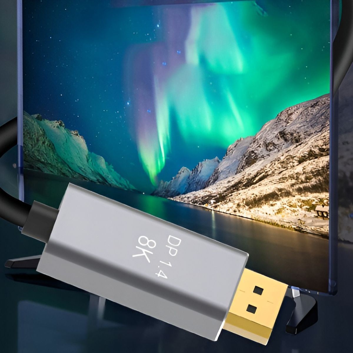Srebrny adapter podłączony do monitora z zorzą polarną. Adapter wskazuje 8K i DP 1.4.