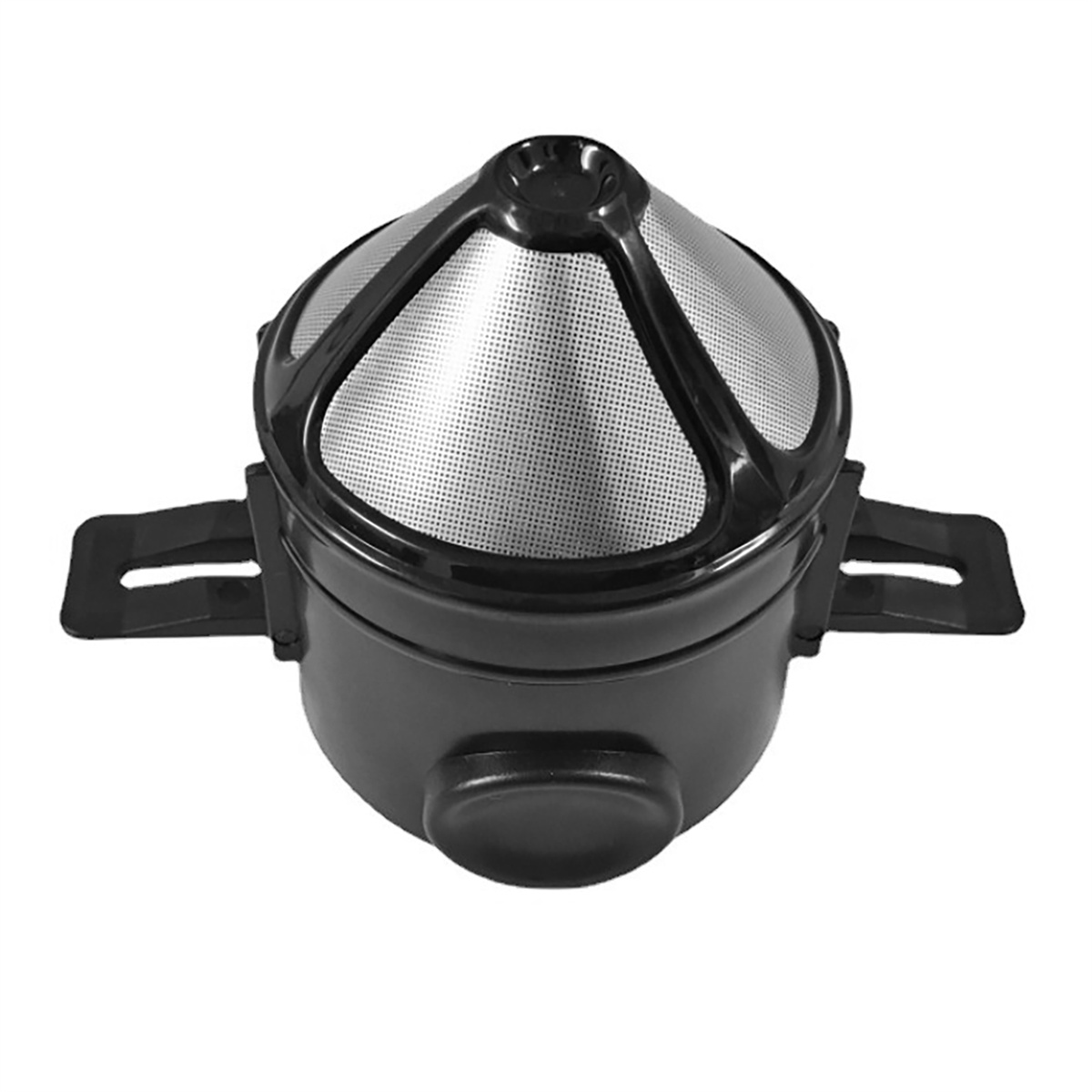Schwarzer Kaffeefilter mit Edelstahlgewebe und zwei schwarzen Griffen auf Weiß.