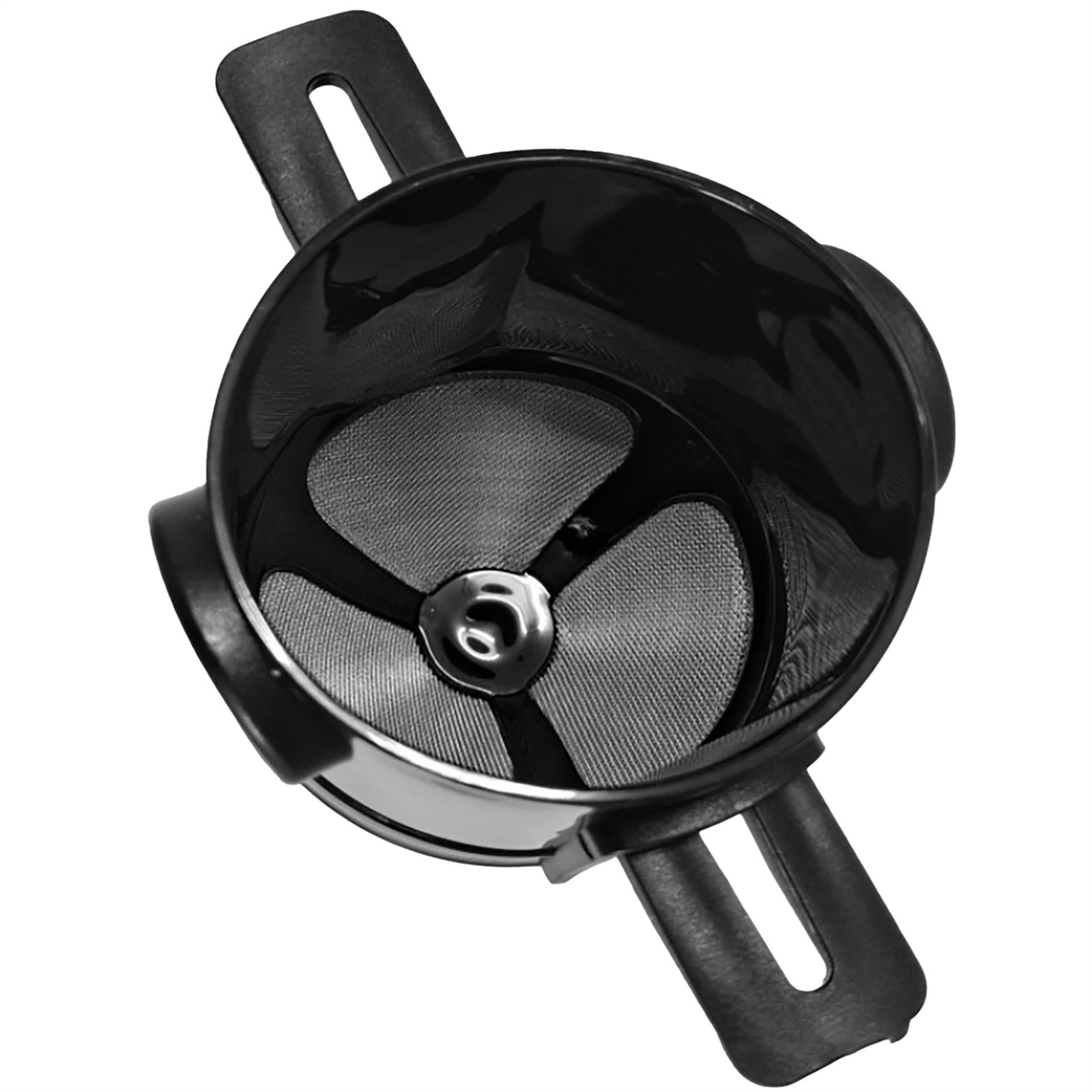Ein schwarzer Kaffeefilterkorb mit Metallfilter.
