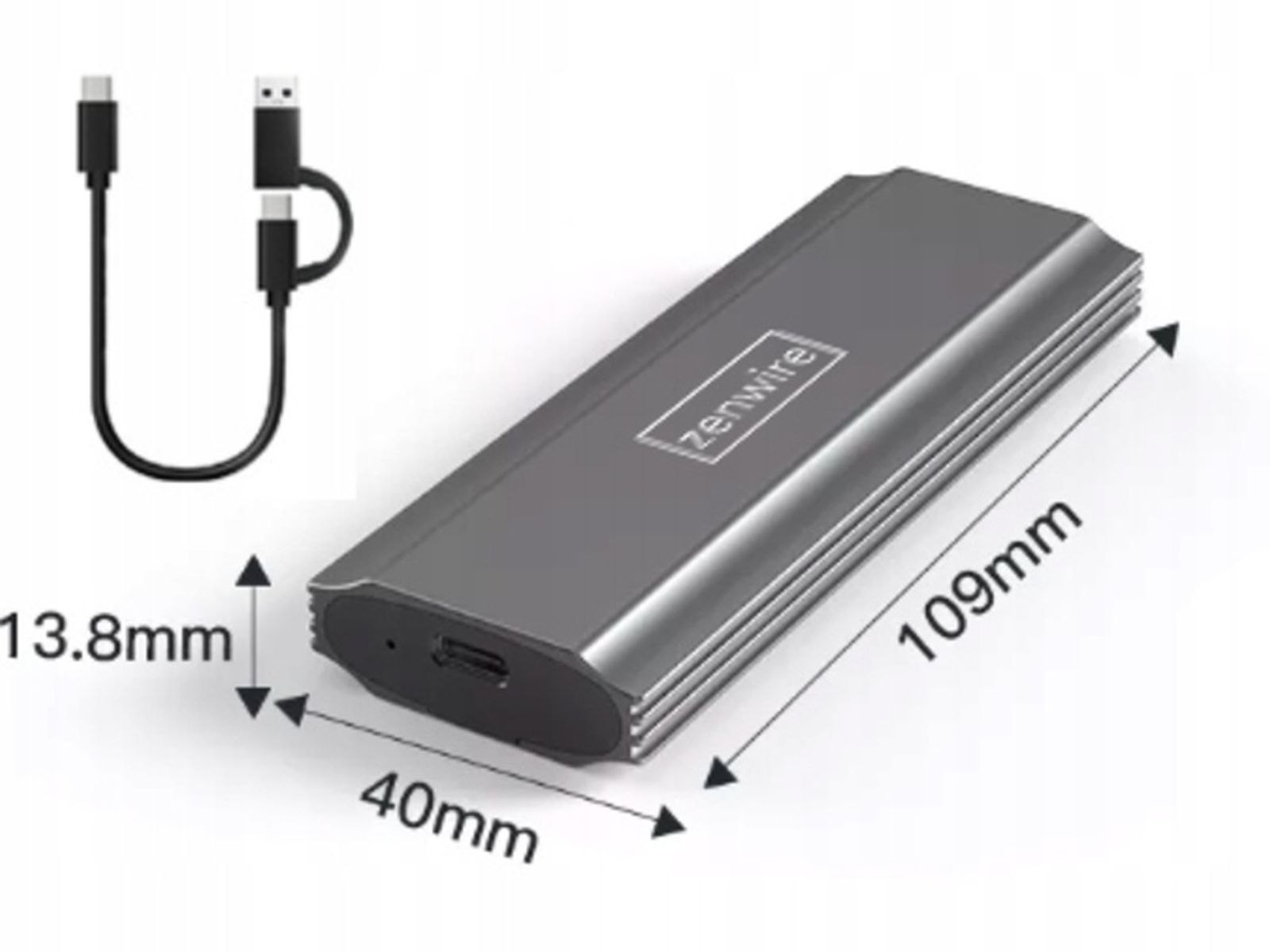 Szary, prostokątny zewnętrzny dysk twardy z wymiarami i kablem USB oraz USB-C.