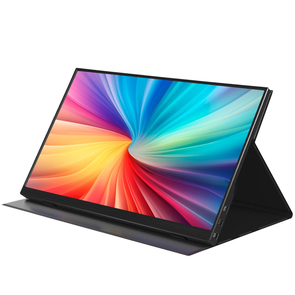 Ein tragbarer Monitor mit farbenfroher Anzeige, auf weißem Hintergrund aufgestellt.