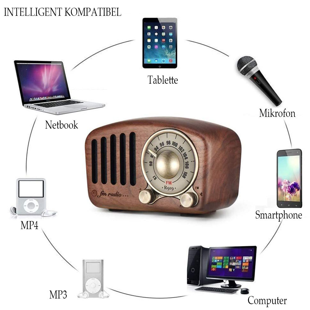 Holz-Retro-Radio, umgeben von elektronischen Geräten: Laptop, Tablet, Smartphone, MP3, MP4 und Computer.